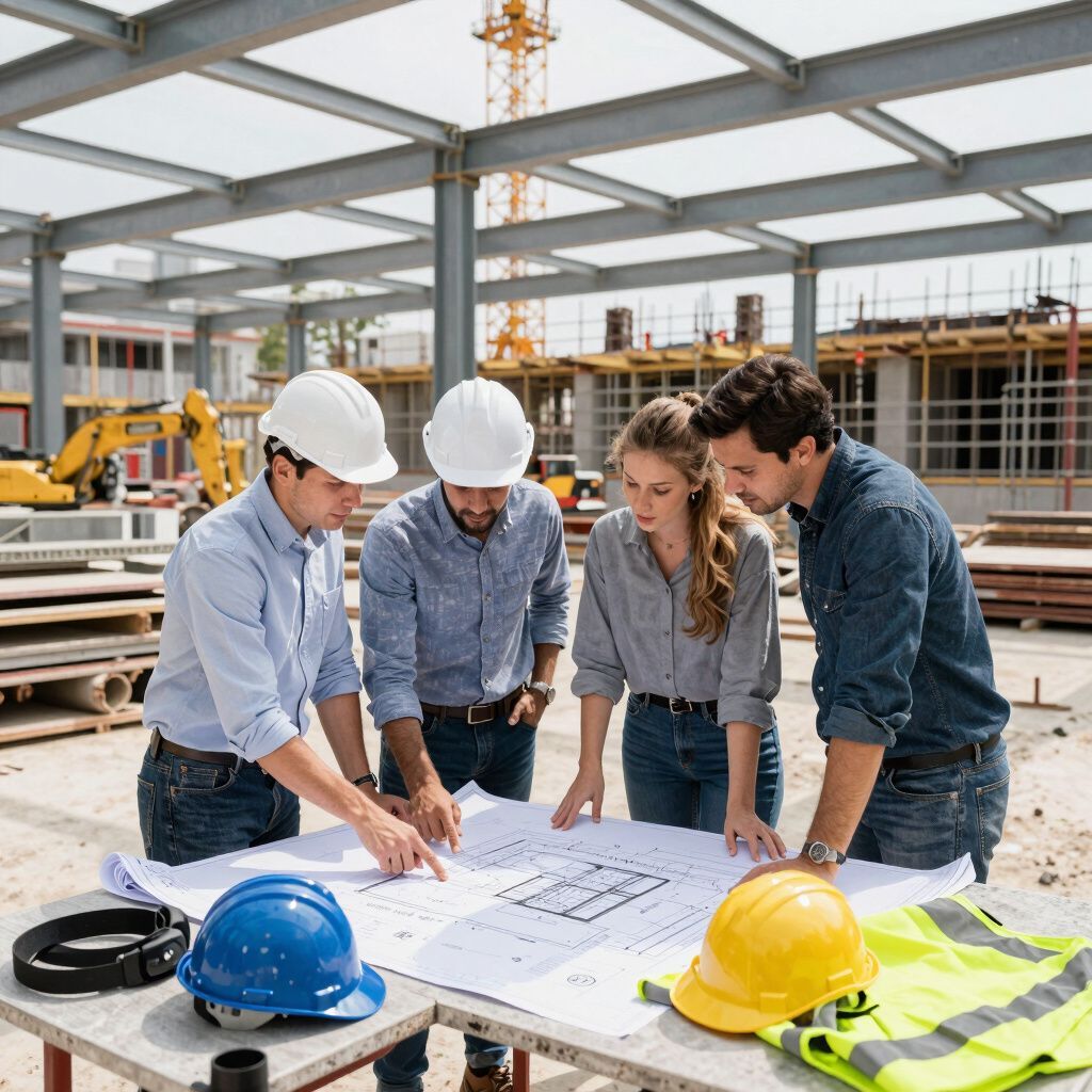 Equipo de construcción revisando planos en una obra, con cascos y equipo de seguridad en un edificio con estructura de acero.
