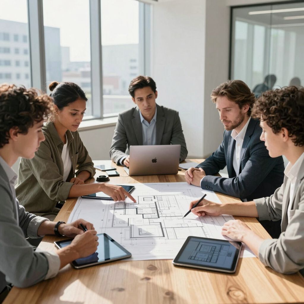 Reunión de equipo alrededor de una mesa revisando planos de planta con computadora portátil y tableta en una oficina luminosa.