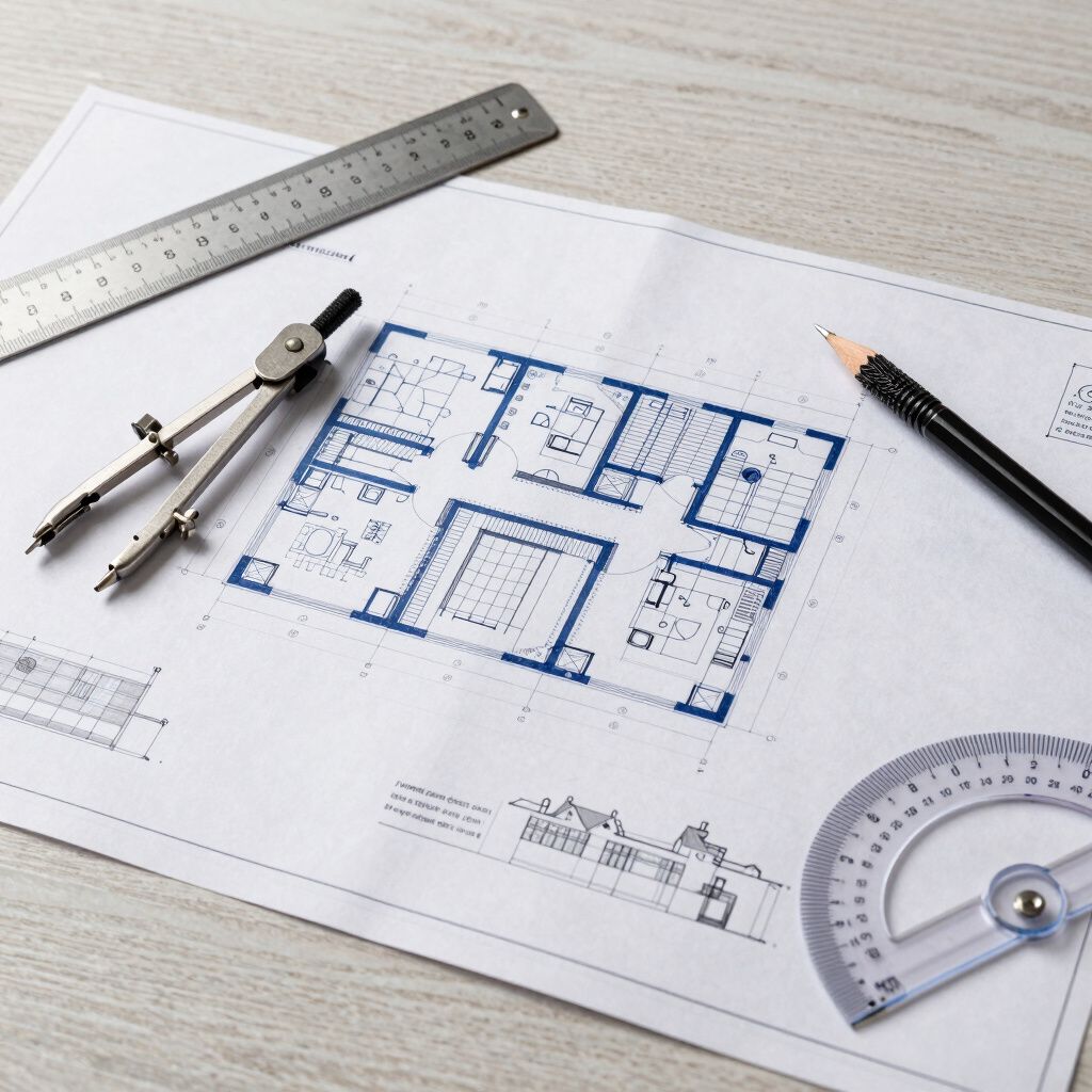 Plano arquitectónico con reglas, compás, lápiz y transportador sobre un escritorio.