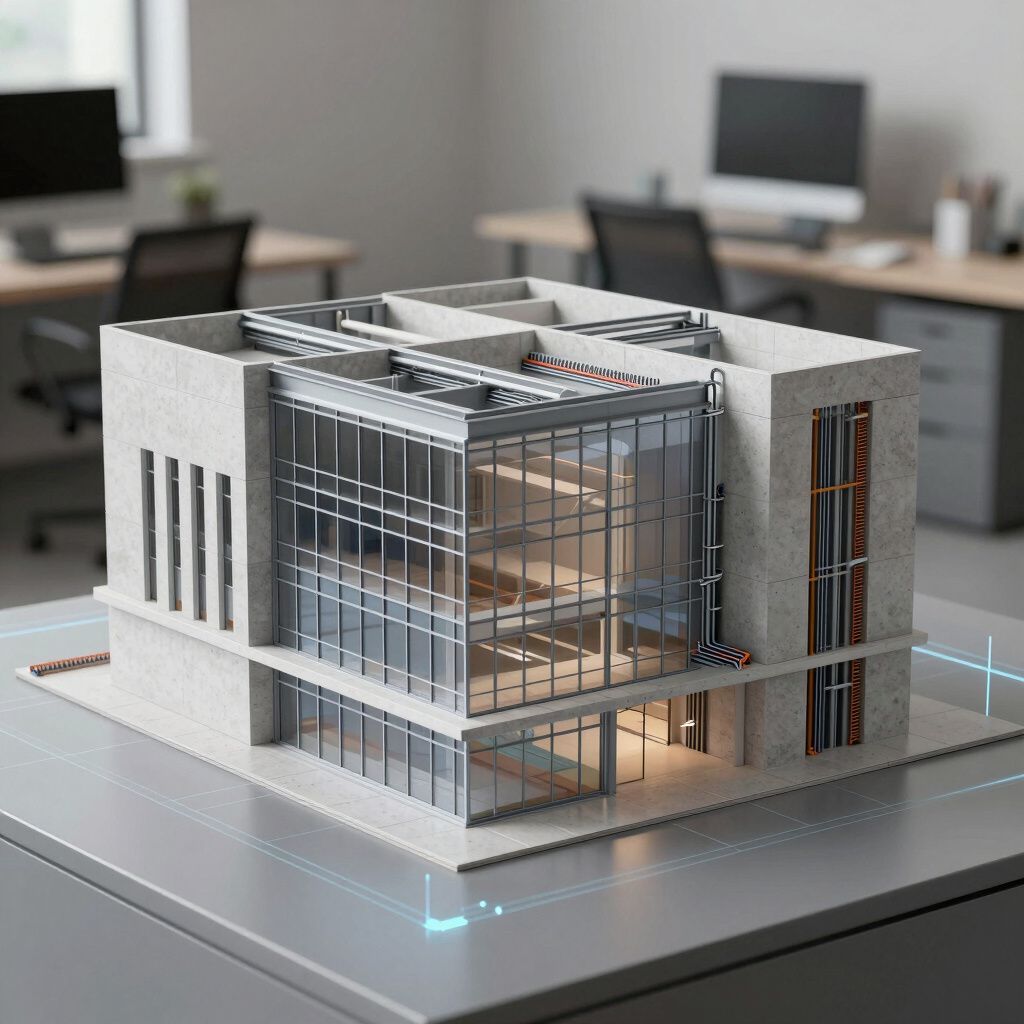 Maqueta arquitectónica de un edificio moderno de vidrio y hormigón sobre una mesa en un entorno de oficina.
