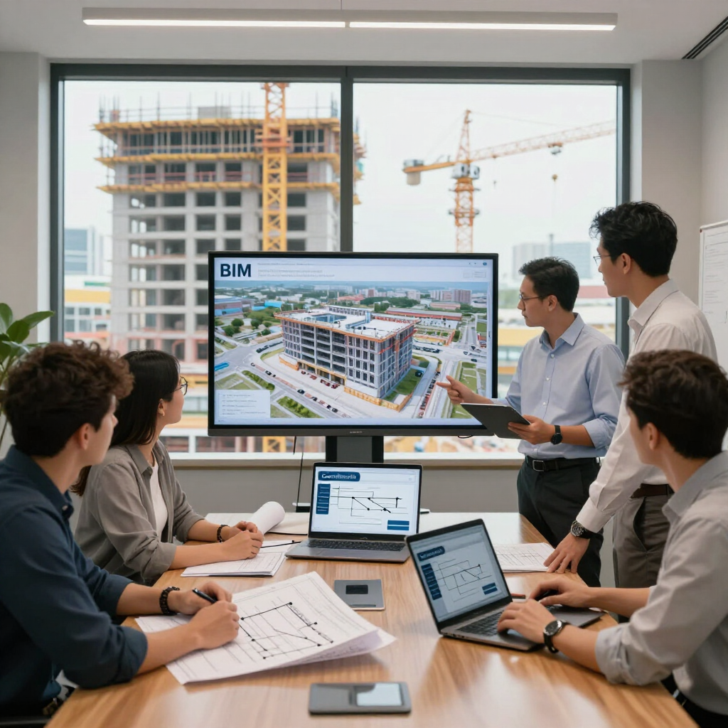 Un equipo revisa un proyecto de construcción en un monitor grande en una oficina moderna, con computadoras portátiles y planos de la obra.