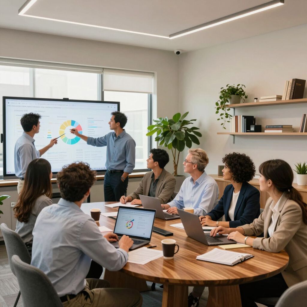 Reunión de equipo en una oficina luminosa, con dos presentadores que comentan un gráfico colorido en una pantalla.