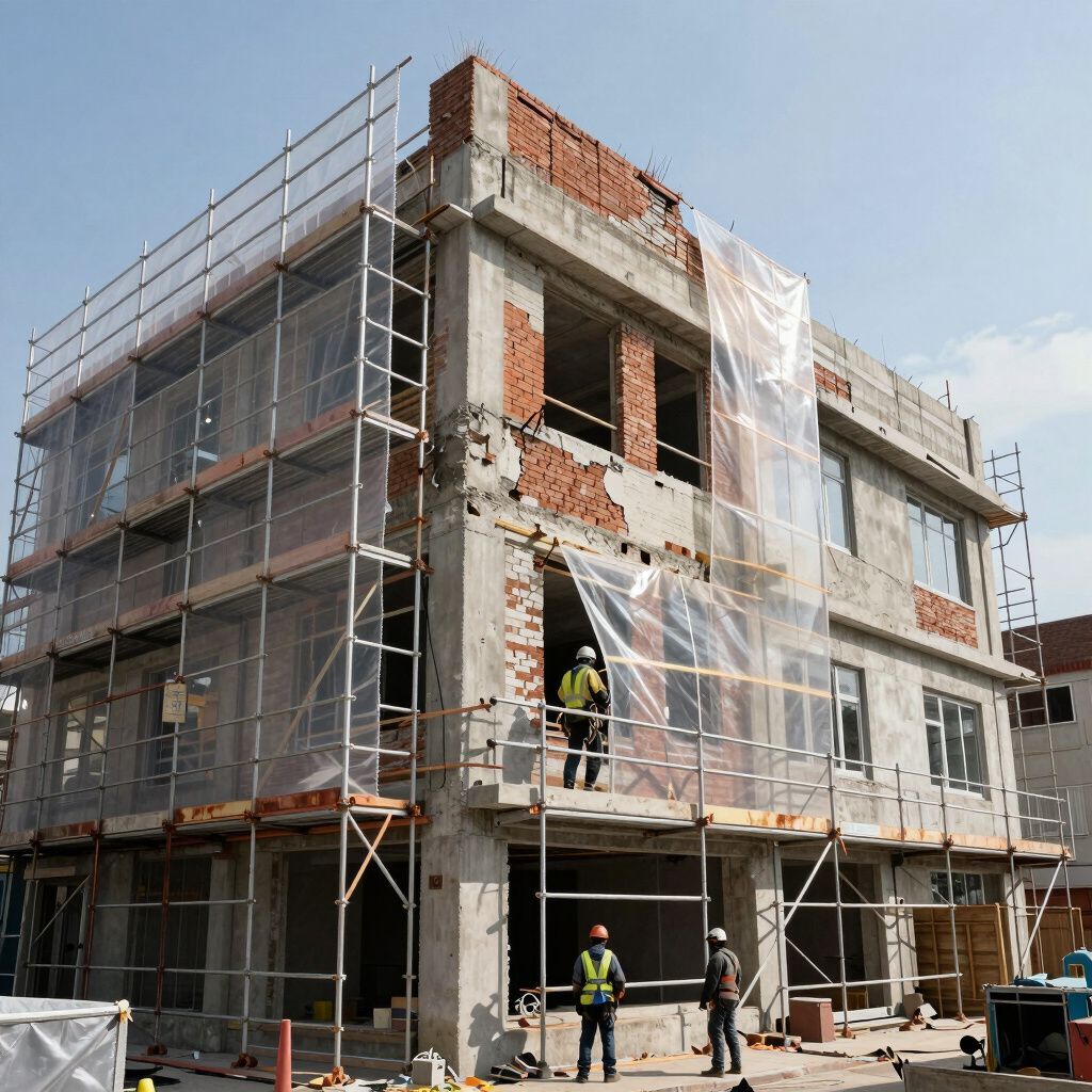 Trabajadores en andamios en un edificio de ladrillo y hormigón parcialmente construido.