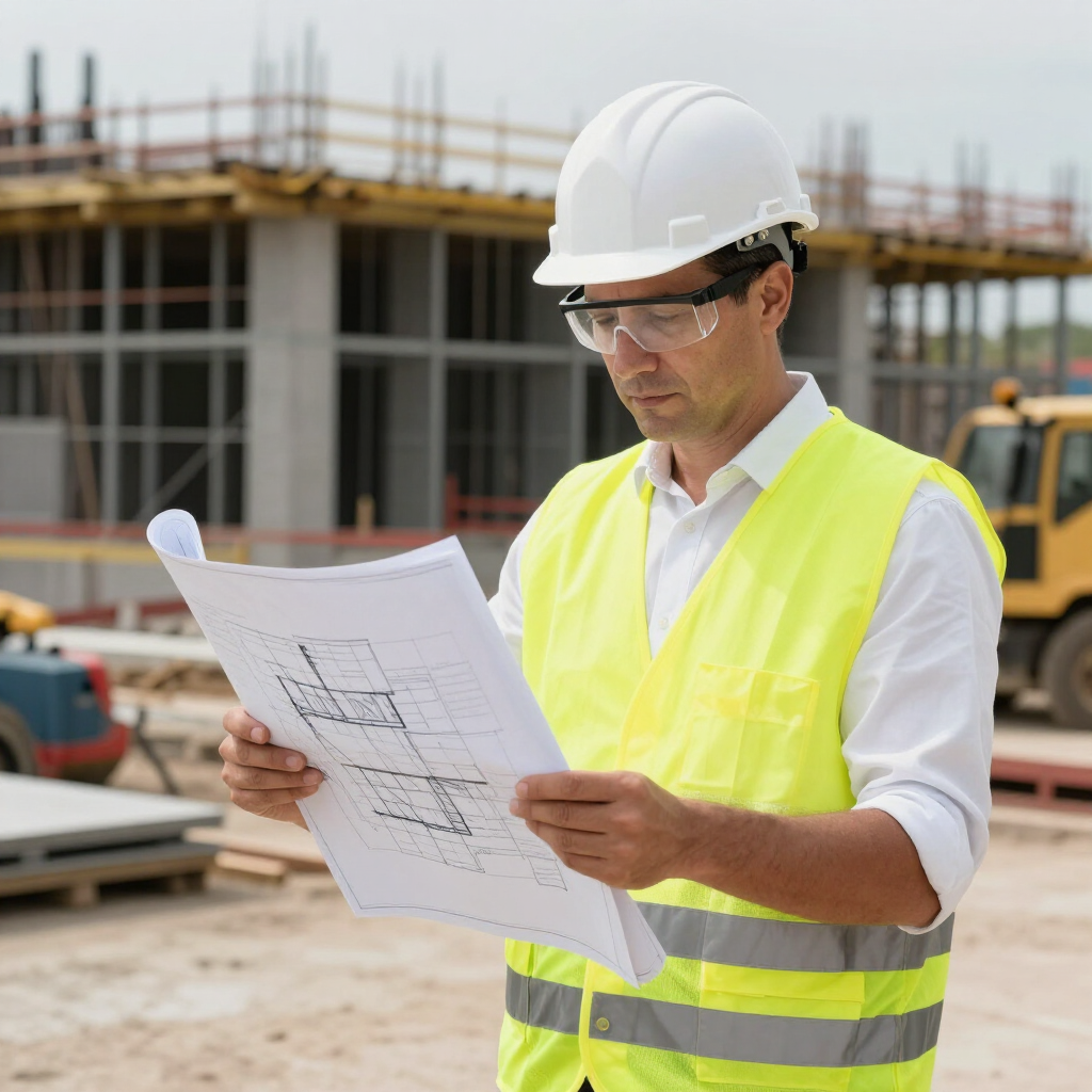 Obrero de la construcción con chaleco de seguridad amarillo y casco revisando planos en una obra.