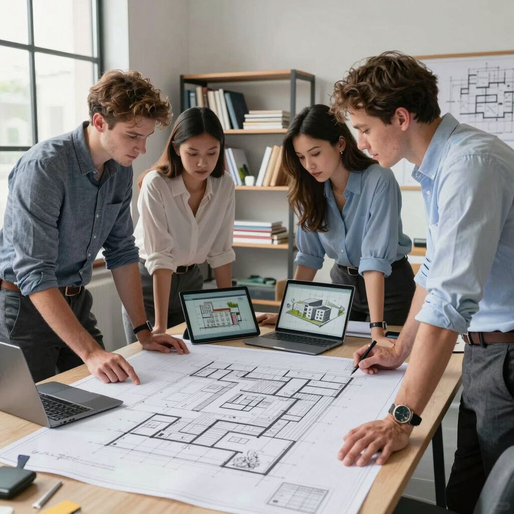 Un equipo revisa planos arquitectónicos y diseños en ordenadores portátiles en una oficina luminosa.