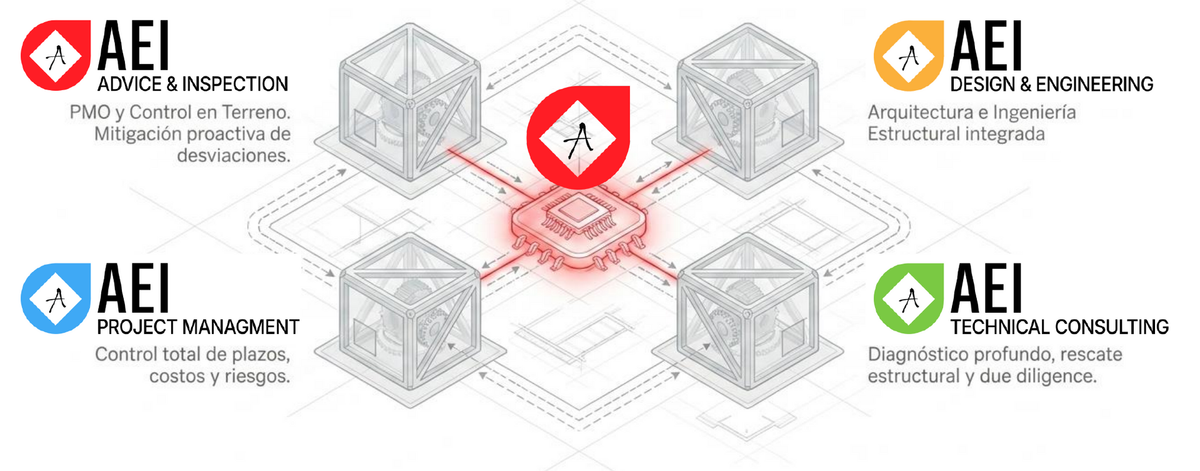 Infografía del logotipo de AEI con cuatro iconos de colores alrededor de un diagrama de red central rojo de cubos conectados.