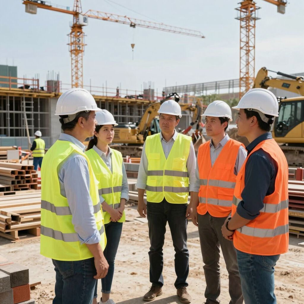 Obreros de la construcción con cascos y chalecos de seguridad conversan en una obra con grúas al fondo.
