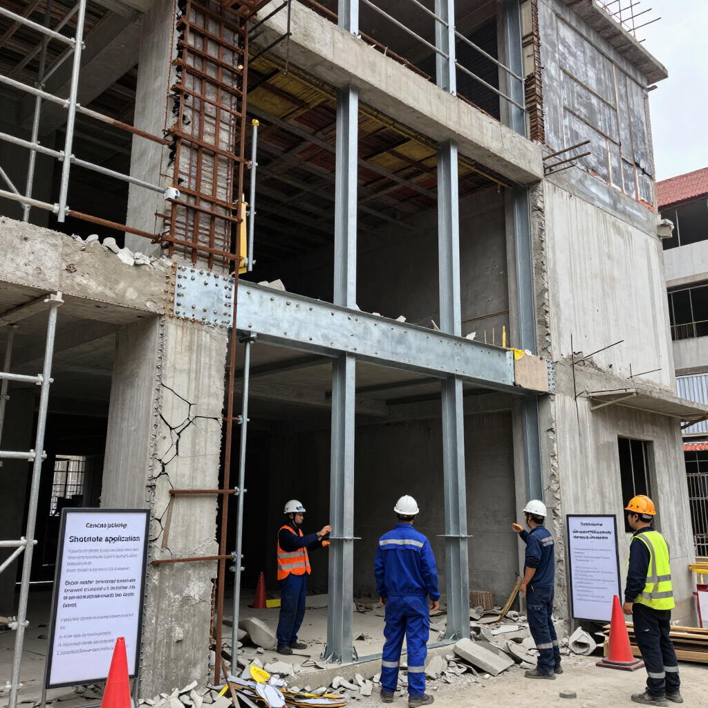 Obreros de la construcción en una obra de un edificio de hormigón de varias plantas con andamios y señales de seguridad.