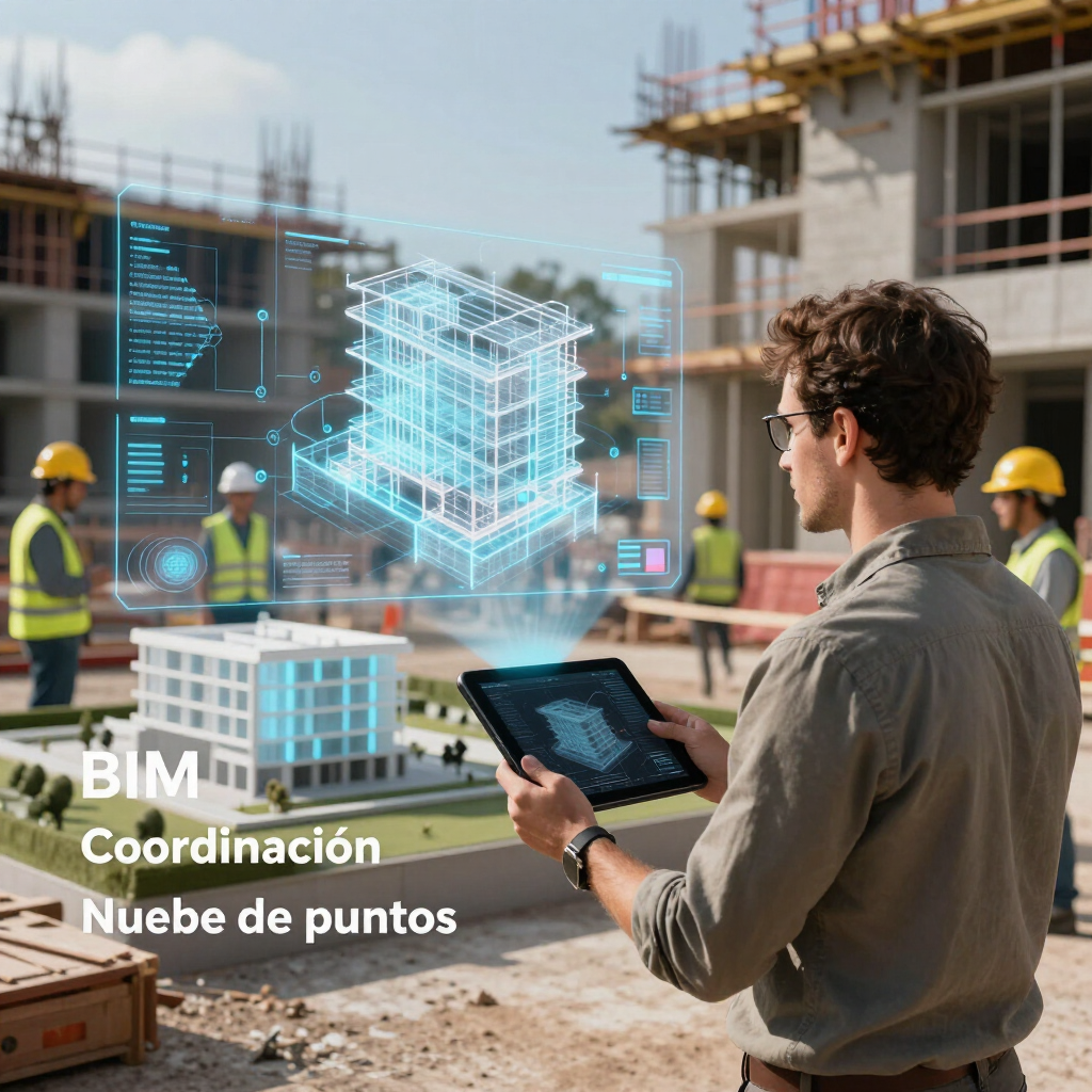 Obrero de la construcción utilizando una tableta en una obra de construcción BIM con superposiciones de planos holográficos.