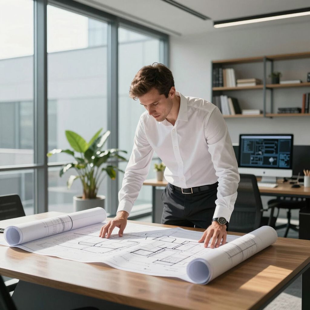 Un arquitecto revisa planos sobre un escritorio en una oficina luminosa.
