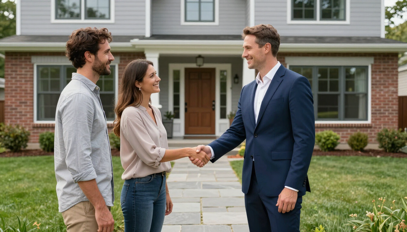 Professional real estate agent greeting home buyers in Massachusetts