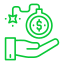 A green line icon of a hand holding a dollar sign.