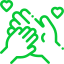 A green line drawing of two hands with hearts around them.