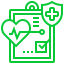 A clipboard with a heart , shield , and check mark on it.