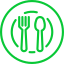 A fork and spoon in a green circle on a white background.