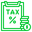 A clipboard with the word tax on it and a stack of coins.