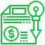 A green icon of a bill with a dollar sign and an arrow pointing down.