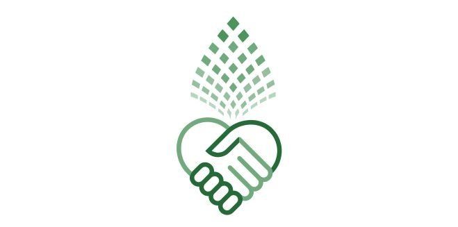 A handshake in the shape of a heart on a white background.