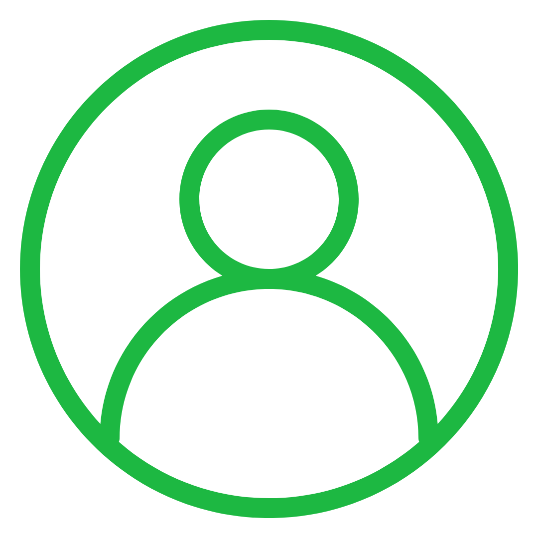 A green icon of a person in a circle on a white background.