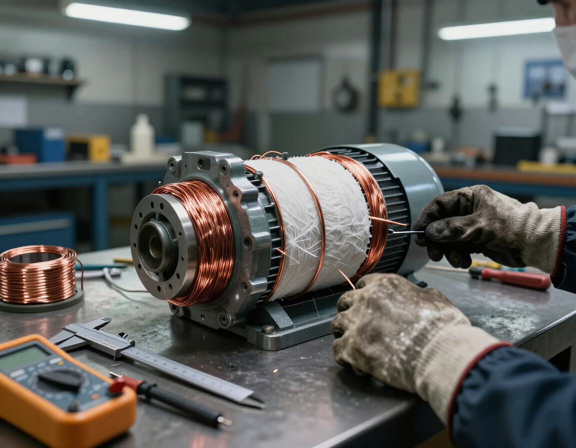 Bobinado de motor eléctrico en taller técnico con cobre, aislantes y herramientas de medición.