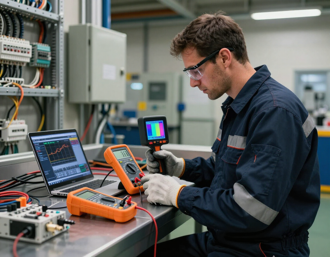 Diagnóstico técnico de equipos eléctricos con instrumentos de prueba y análisis de datos.
