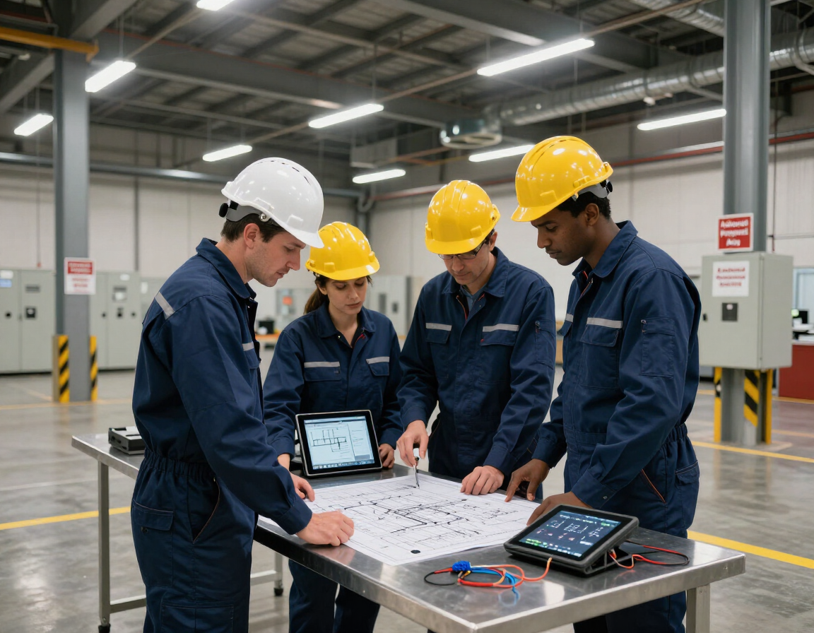 Equipo técnico revisando una instalación eléctrica y plan de servicio con el cliente.