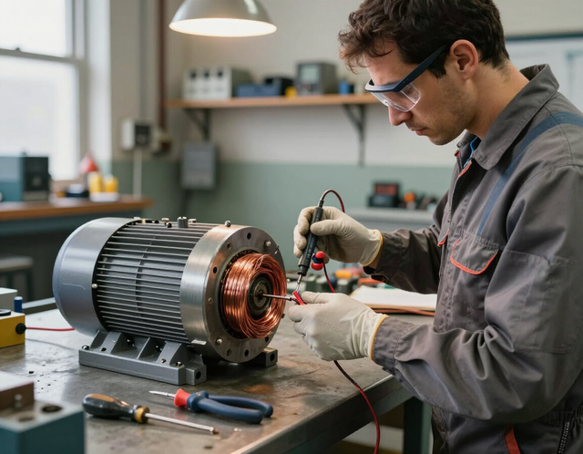 Técnico midiendo un motor eléctrico durante un diagnóstico en taller.