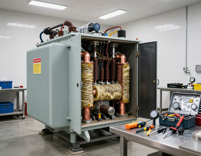 Mantenimiento técnico de un transformador en un entorno industrial.