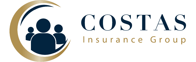 Costas Insurance Group logo with blue text and gold circular emblem on a white background
