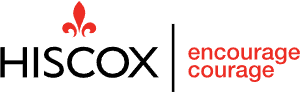 Hiscox logo with red fleur-de-lis icon and the words “encourage courage” in red text