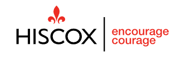 HISCOX logo with red fleur-de-lis icon and the tagline “encourage courage” in red