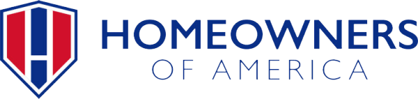 Homeowners of America logo with blue and red shield icon and text
