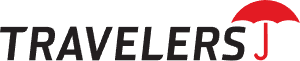 Travelers logo with black text and a red umbrella icon above the last letters