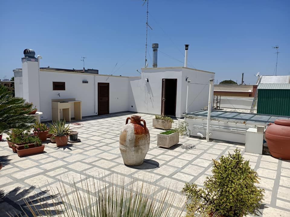 Una terrazza panoramica con piante in vaso e un grande vaso