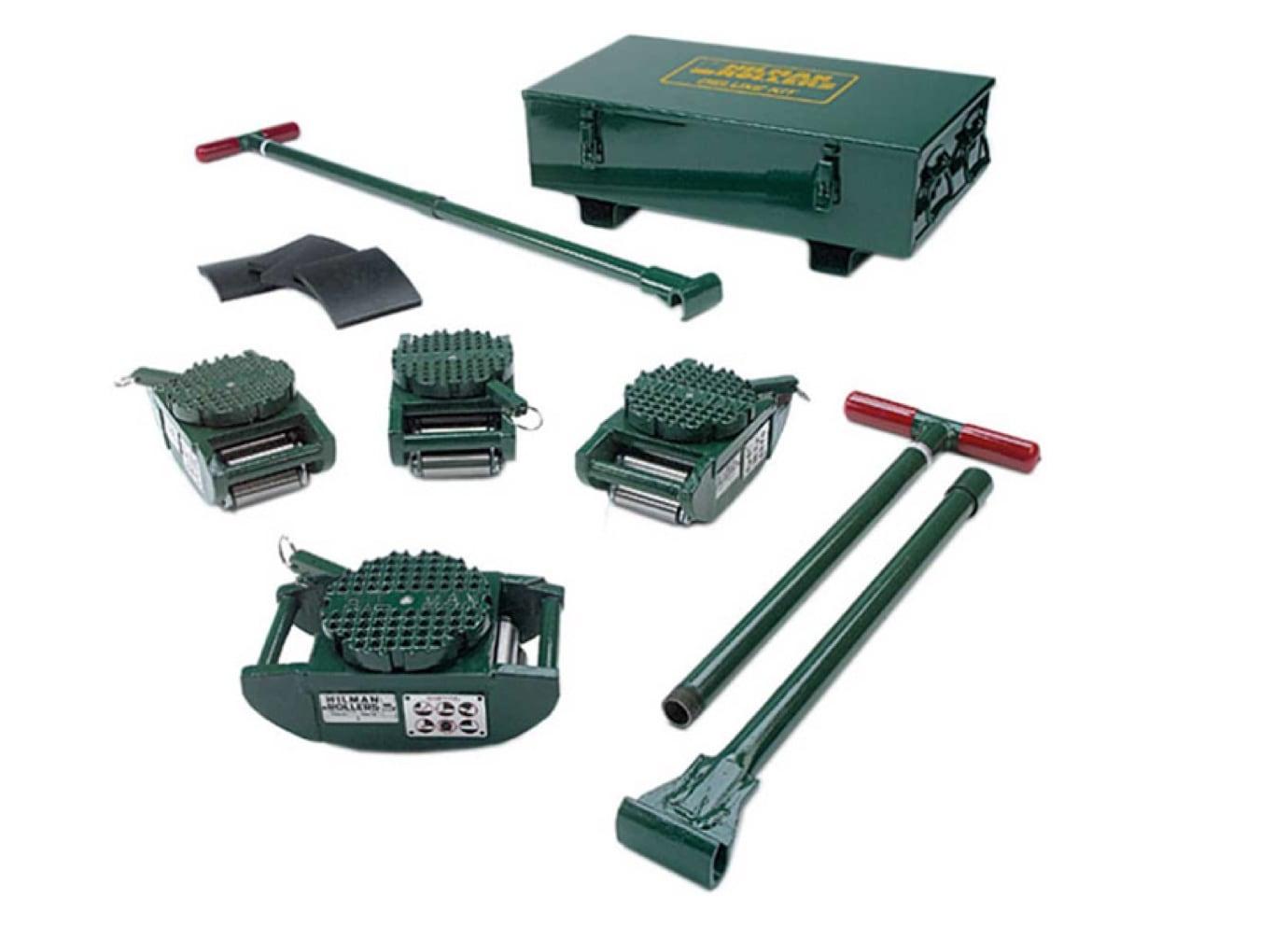 Green vehicle wheel dolly set with various tools and storage box.