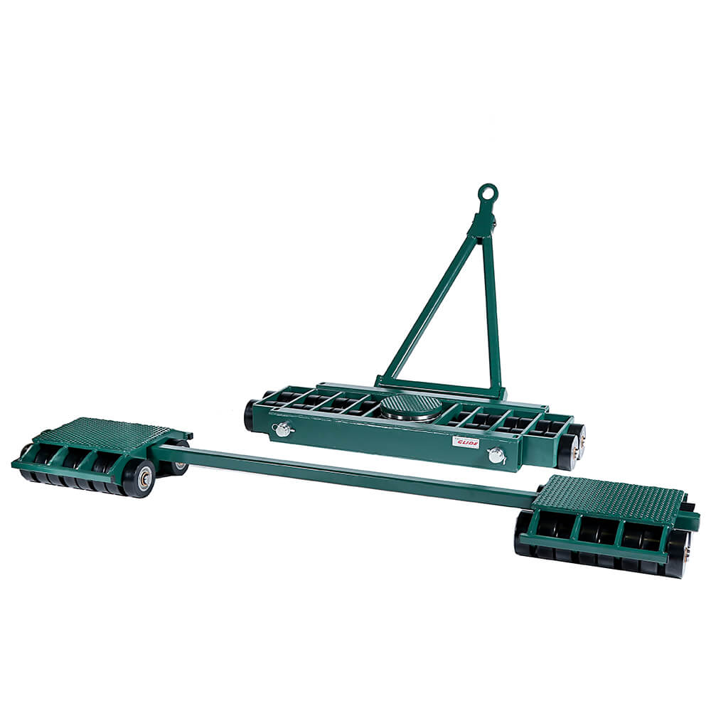 Green machinery moving equipment, including wheeled dollies and a towing mechanism, on a white background.