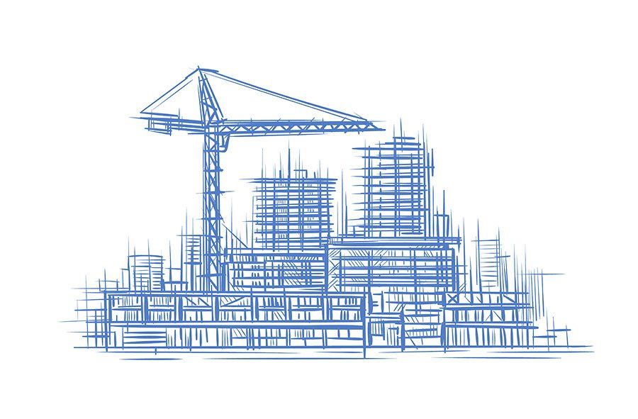 Blue sketch of a city under construction, with a crane, building frames, and lines.