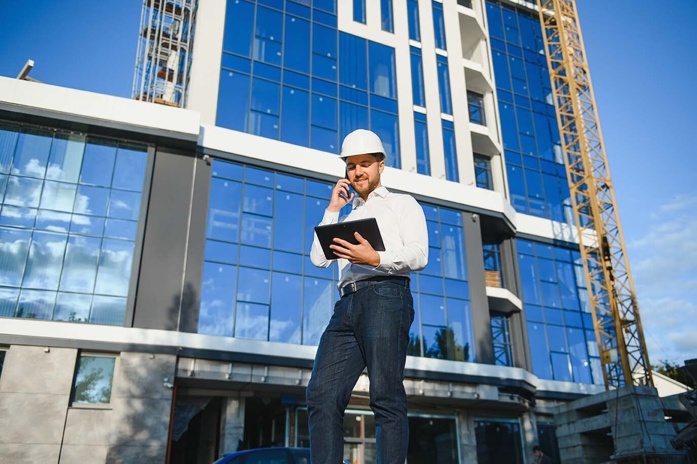 Construction worker in white hard hat on phone, holding a tablet, standing in front of a building under construction.