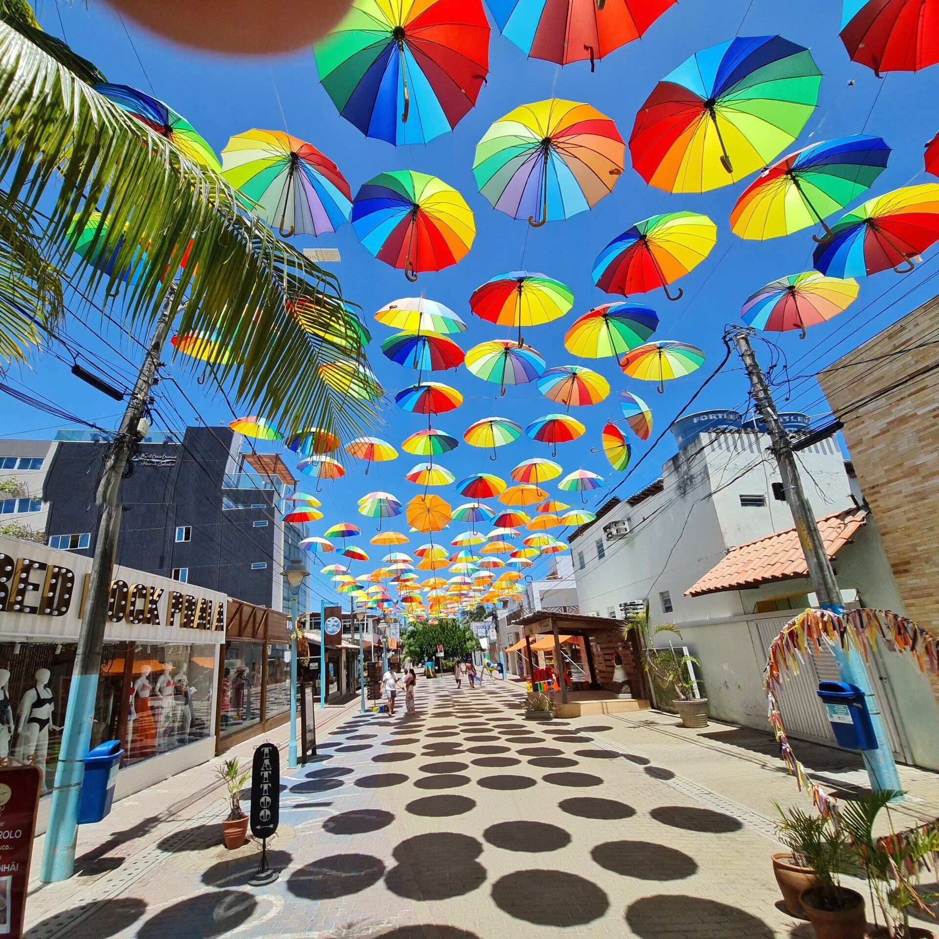 Uma fileira de guarda-chuvas coloridos está pendurada sobre uma rua