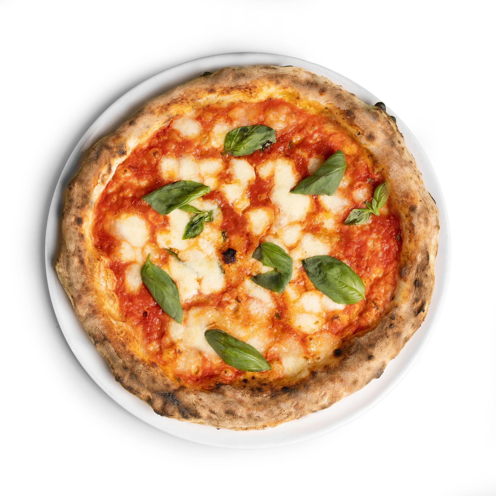 Pizza Margherita con salsa di pomodoro, mozzarella e basilico su un piatto bianco.