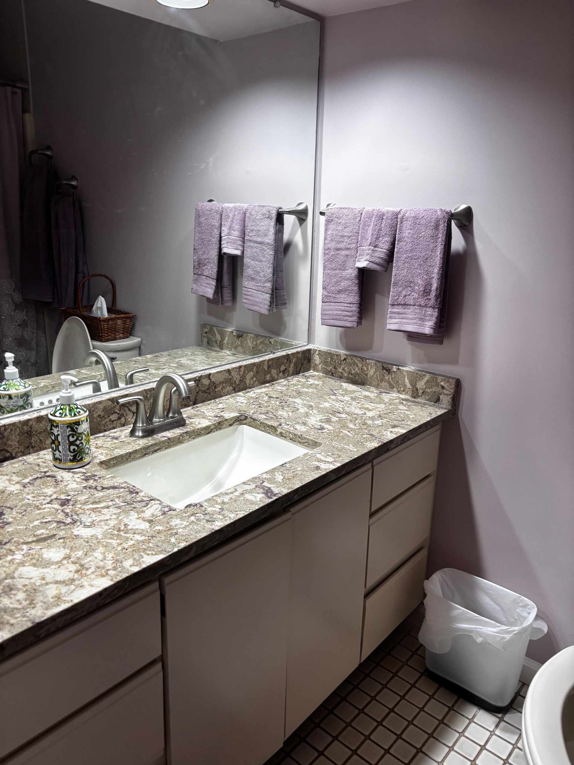 Bathroom vanity with granite countertop, sink, mirror, purple towels, and a trash bin on the floor