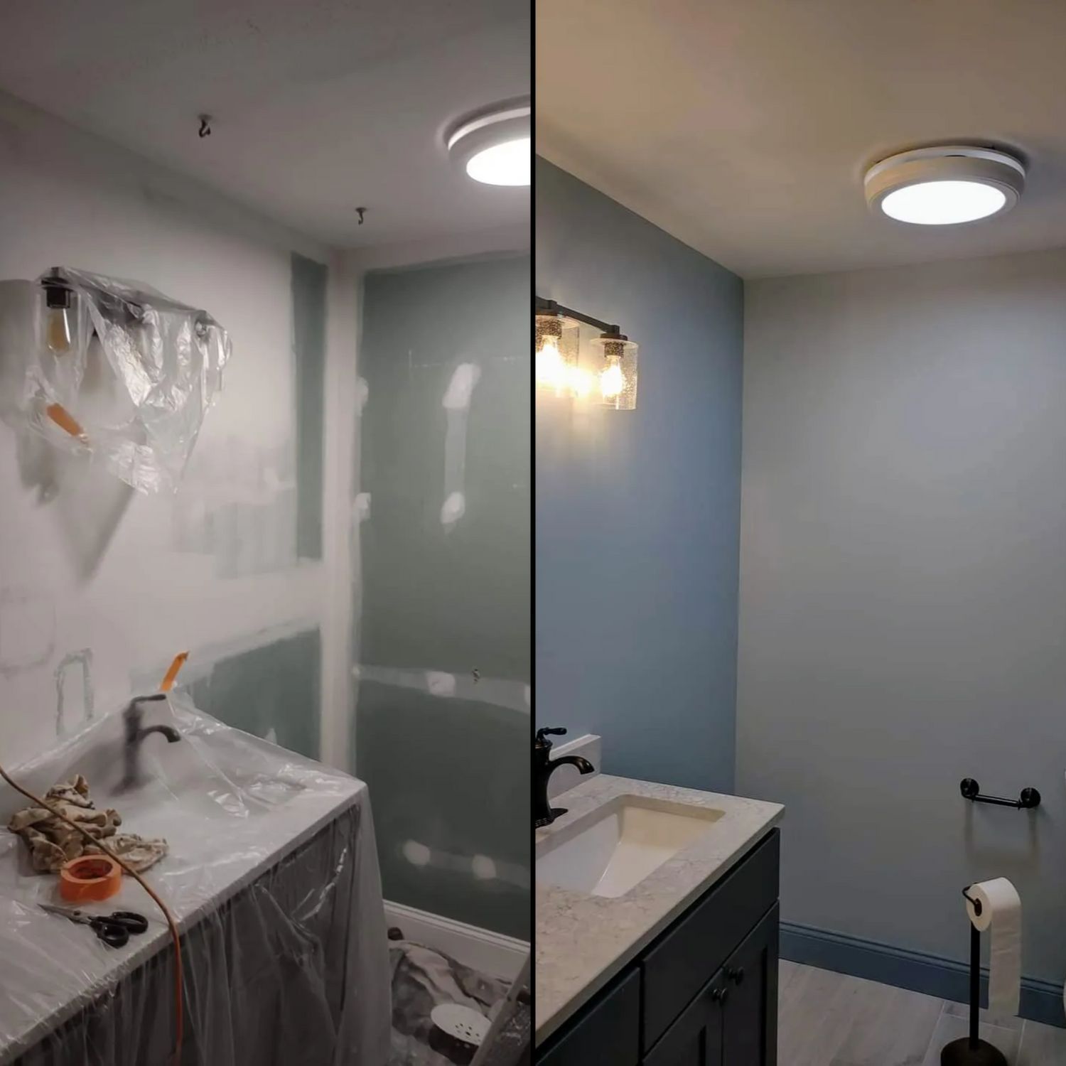 Split-view bathroom before-and-after renovation, showing a sink, shower, and newly painted walls.