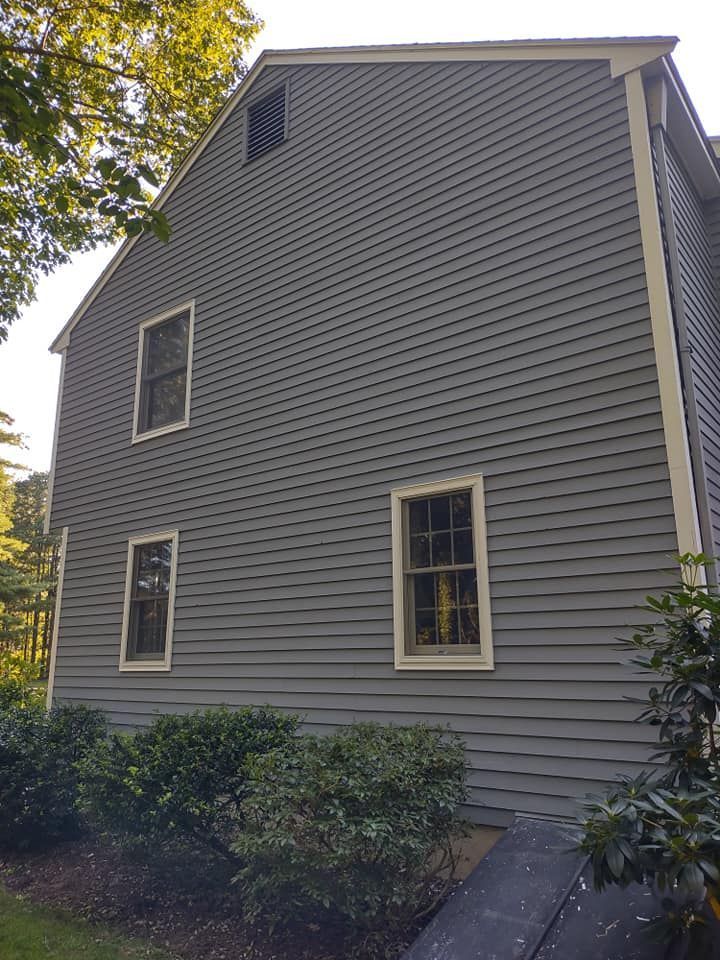 Gray-sided house exterior with three windows and shrubs along the foundation