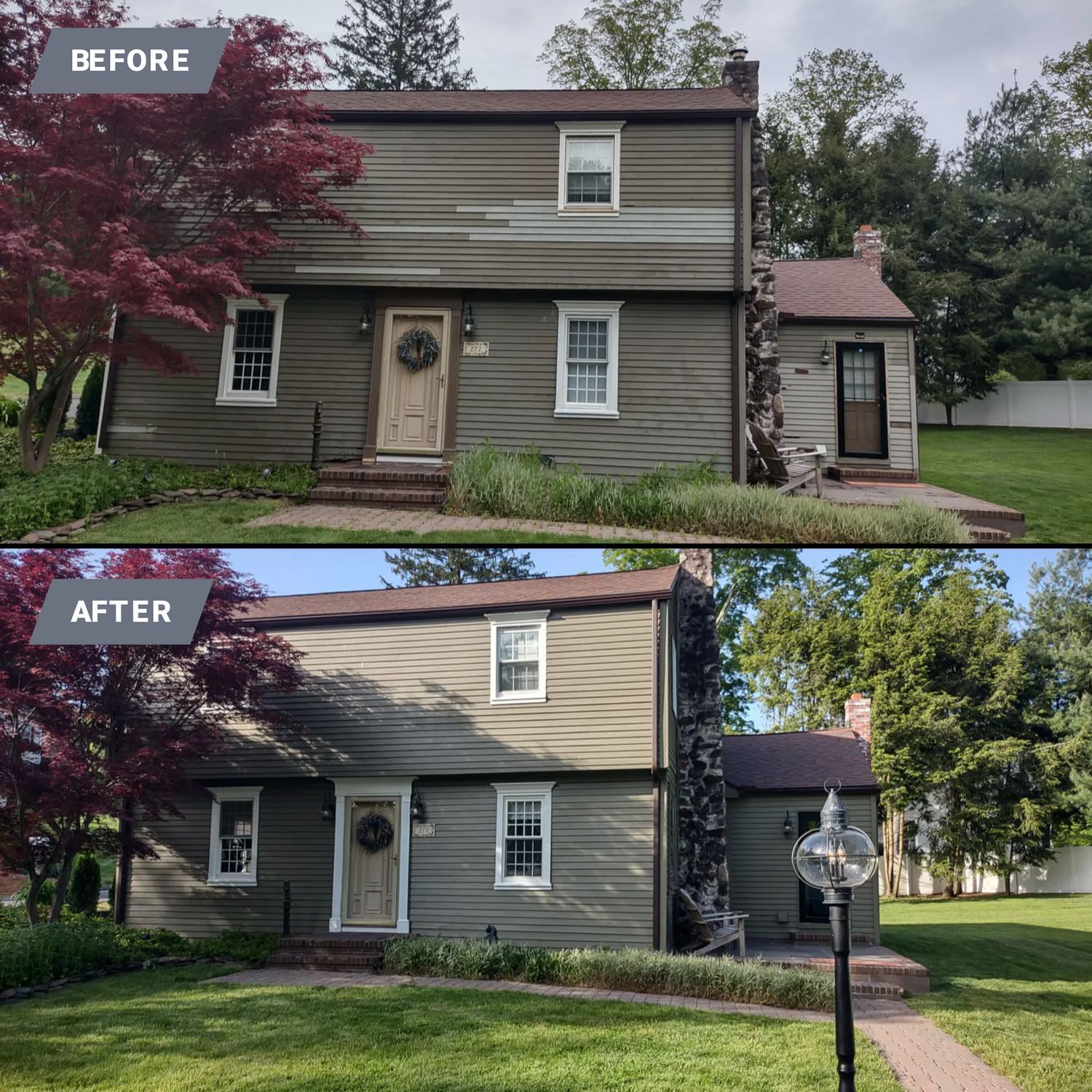 Before-and-after view of a gray house exterior with new siding, trim, and landscaping.