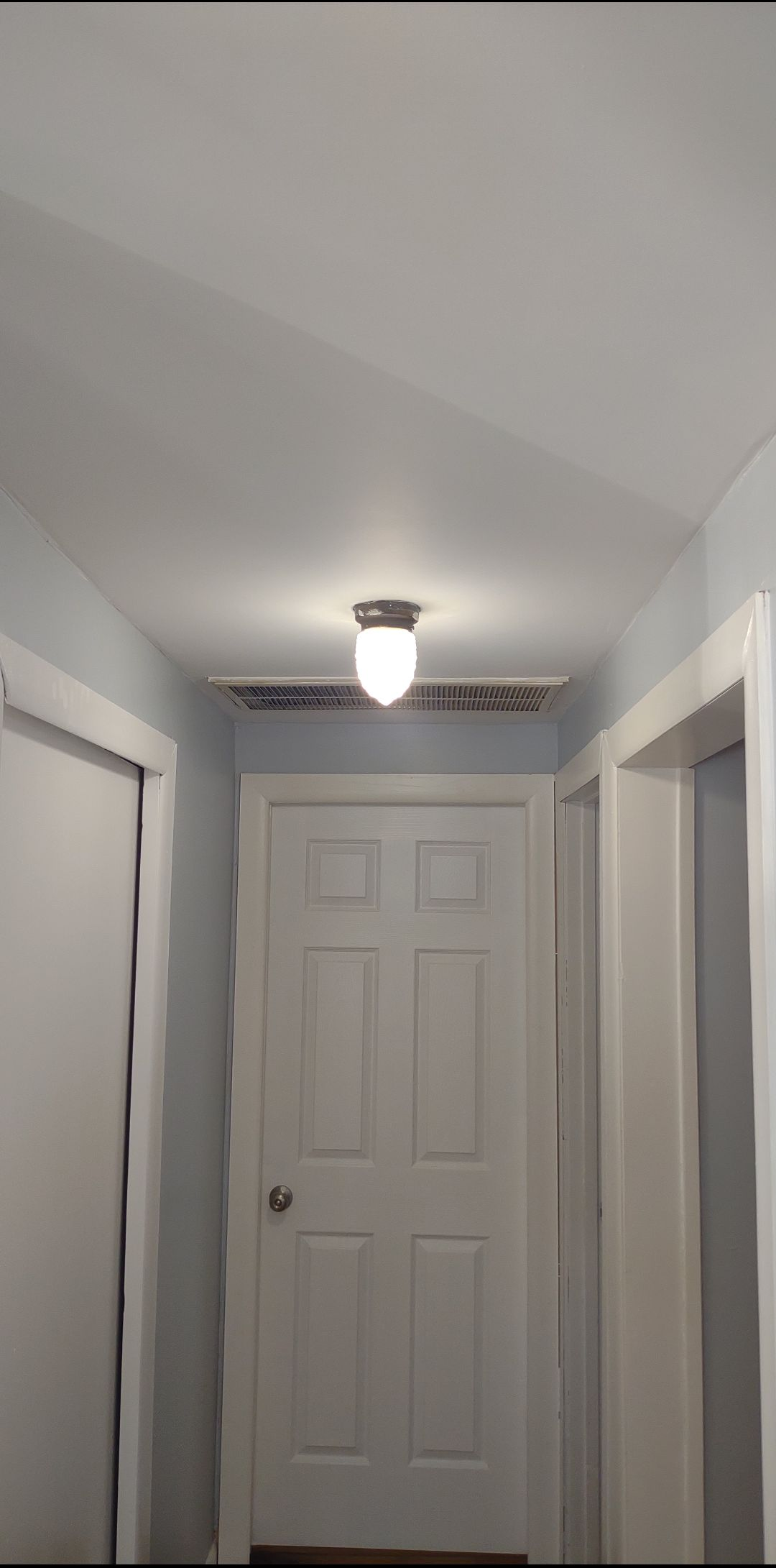 Narrow hallway with white doors and a ceiling light, viewed toward a closed door.