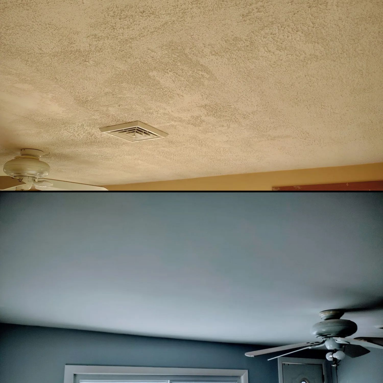 Split view of two ceiling textures: beige popcorn ceiling with a vent above a smooth light-blue ceiling with a fan.