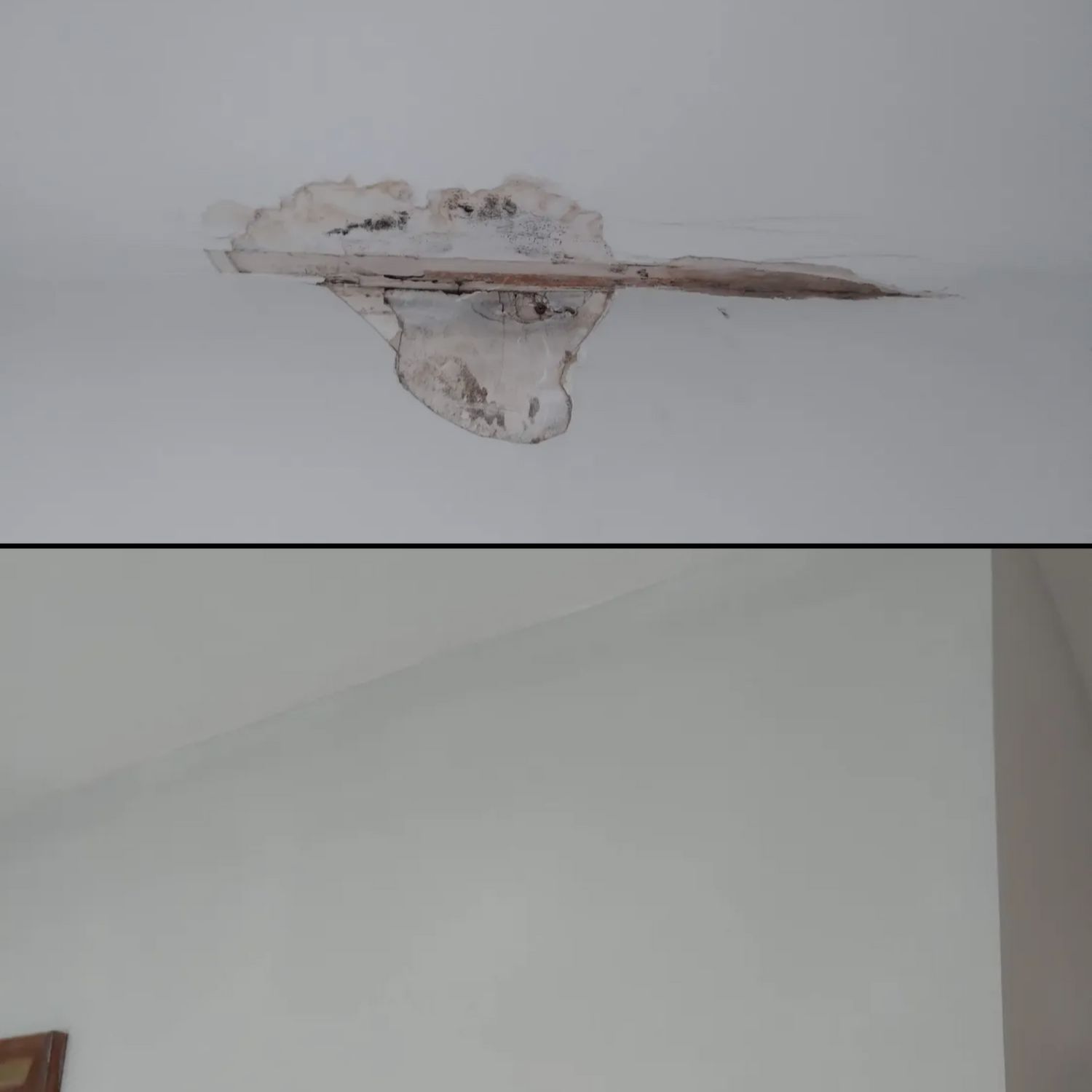 White wall/ceiling with a large peeling paint patch and water damage.