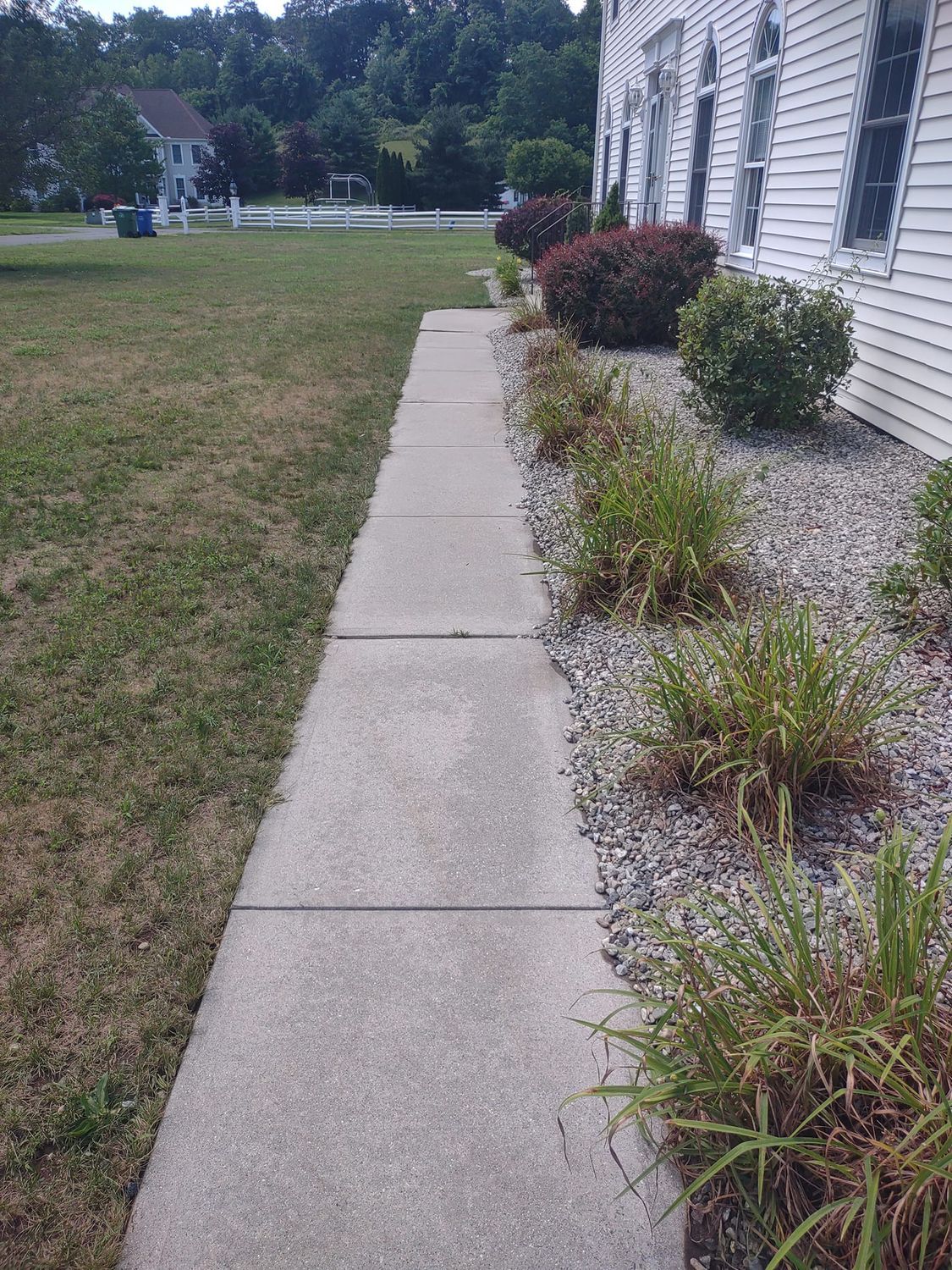 Concrete walkway beside a house, with mulch, shrubs, and a grassy yard.