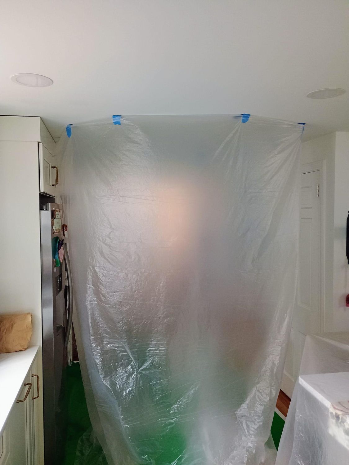 Plastic sheeting taped across a doorway in a white room, with a green tarp at the bottom.