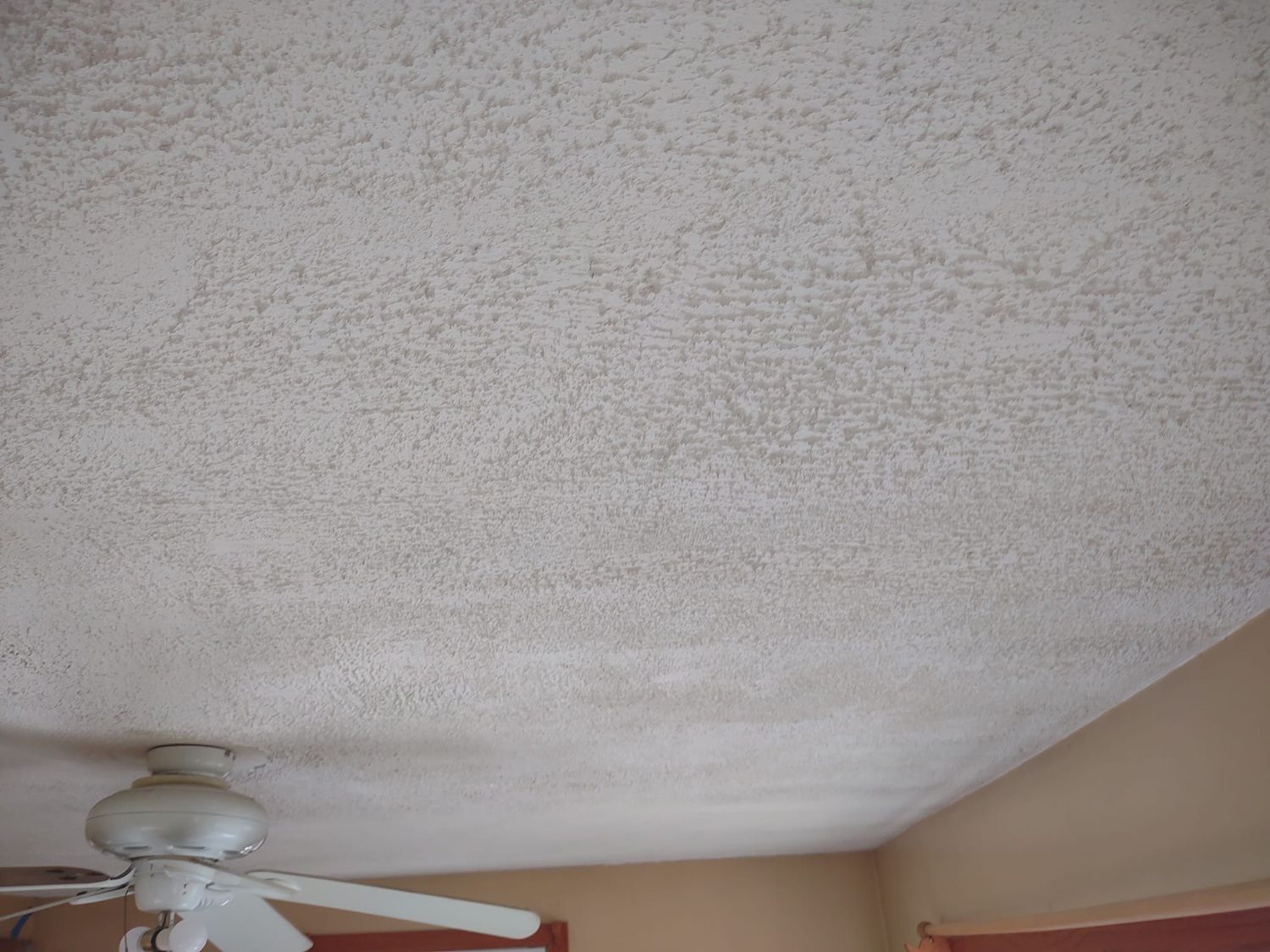 Textured white ceiling with water stains, a ceiling fan, and a tan wall in a room